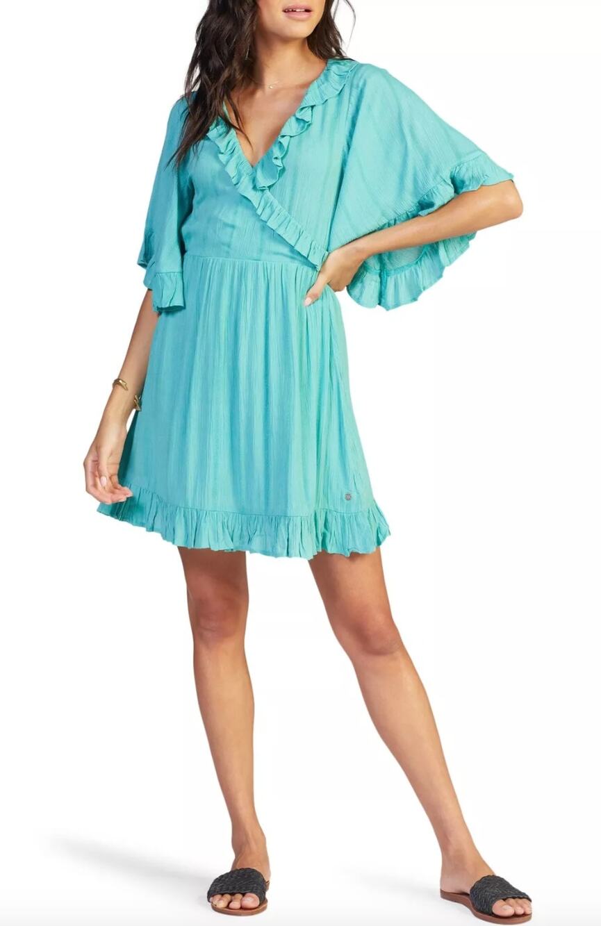 Roxy V-Neck Ruffle Trim Mini Dress Size X-Small Wide Sleeve Beach Boho Colorful